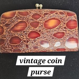 Vintage Kiss Clasp Coin Purse Faux Croc 4x2.25" Brown